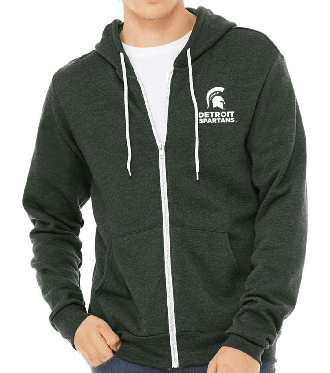 Michigan State Zip Up Hoodie in Green on Male Model with Jeans with Hand in Pocket from Nudge Printing