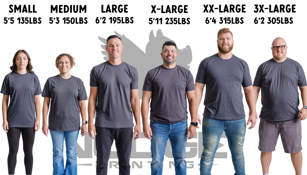 Sizing chart for Nudge Printing showing various people, their weight and height, and what shit size they wear