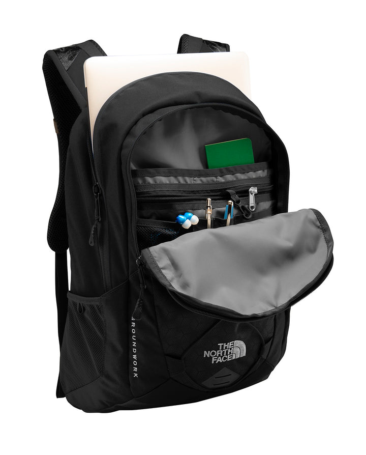 Inside view of a black North Face Groundwork Backpack from Nudge Printing