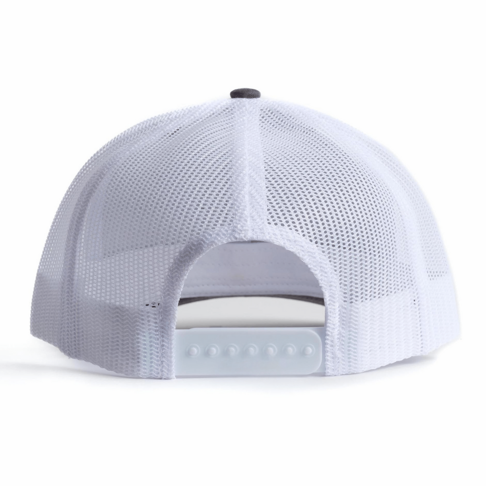 Nudge Printing Collegiate White and Charcoal Trucker Hat Adjustable Snapback Cap Back View