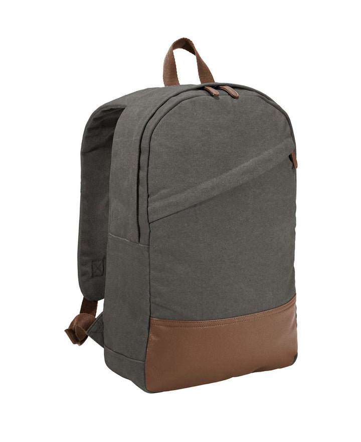 Angled view of the Port Authority cotton canvas vintage inspired backpack