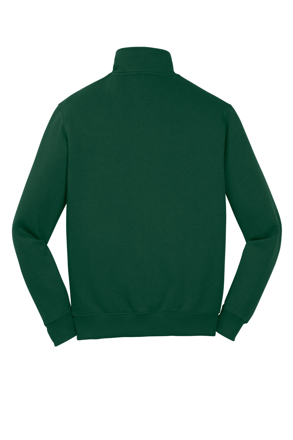 Back view of a performance quarter zip pullover in forest green.