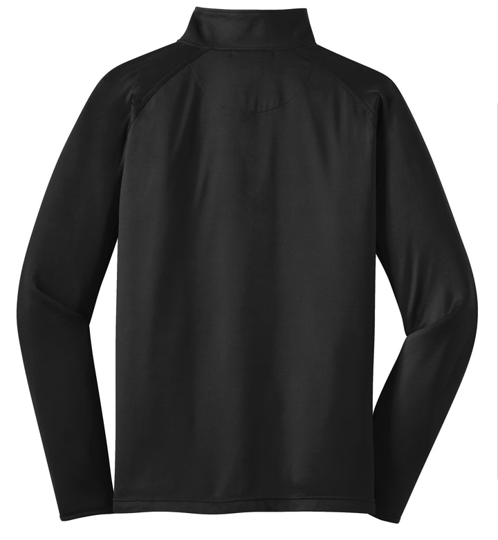 Back view of a premium black performance quarter zip.