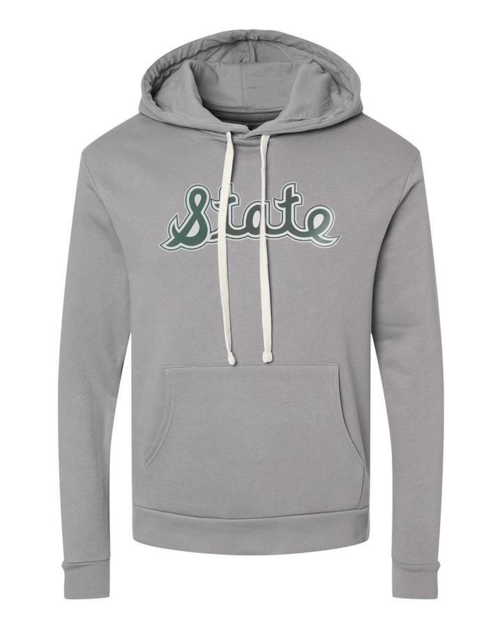 MSU Michigan State Script Hoodie Grey Sweatshirt on White background