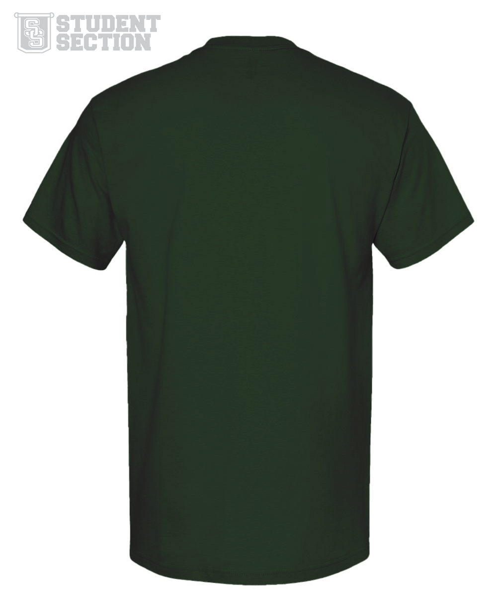 Back view of Dark green Michigan State University t-shirt with bold white 'Spartans' text and Spartan helmet logo, part of the Nudge Printing Student Section collegiate apparel on collection on white background