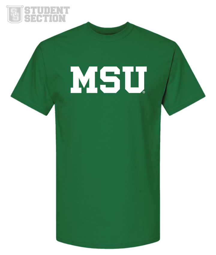 Kelly green Michigan State shirt featuring a white "MSU" logo printed on the chest. This shirt is part of our budget friendly collected called the Student Section at Nudge Printing.