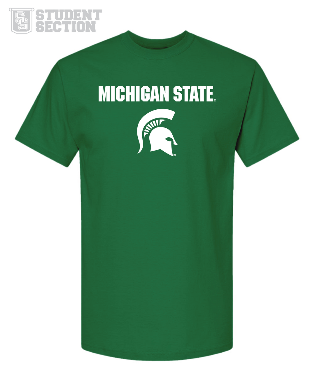 Kelly green MSU t-shirt featuring "Michigan State" and the iconic spartan helmet printed in white ink. Part of our budget friendly Student Section collection.