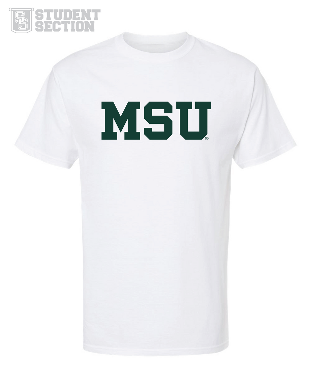 White Michigan State shirt featuring "MSU" printed in Spartan green on the chest. This shirt is part of our budget friendly Student Section collection from Nudge Printing.
