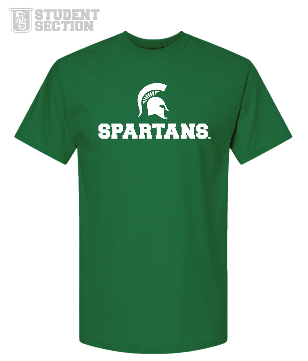 Kelly green Michigan State t-shirt featuring "Spartans" and the iconic Spartan Helmet logo printed in white ink on the chest. Part of our budget friendly Student Section collection at Nudge Printing.