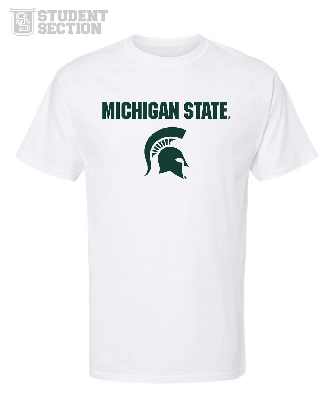 White Michigan State t-shirt featuring a green "Michigan State" and Spartan Helmet. This product is part of our budget friendly program, the Student Section.
