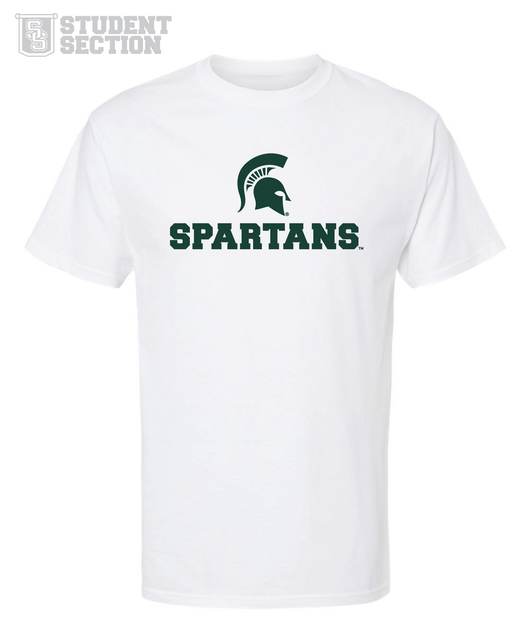 White Michigan State Spartans t-shirt featuring a green print and spartan helmet logo on the chest. Part of Nudge Printing's budget friendly Student Section collection.