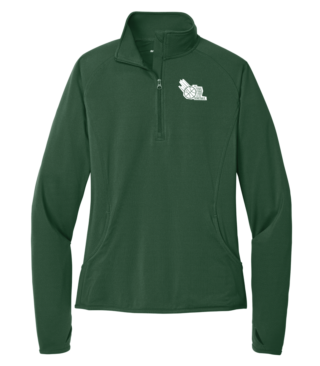 Forest green women's quarter zip pullover with white TFFINOTS logo printed on the left chest.