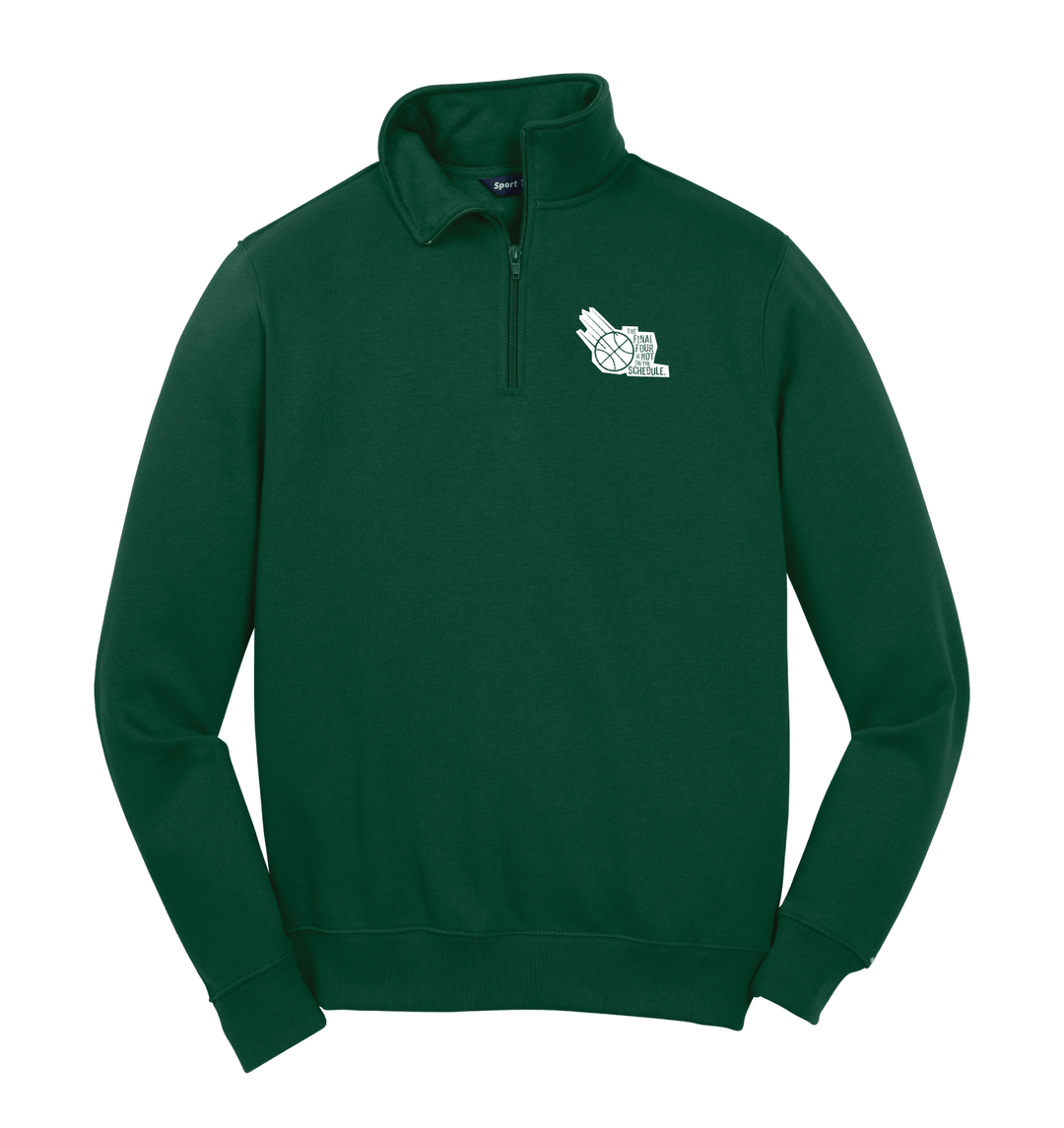 Forest green performance quarter zip with TFFINOTS logo printed in white ink on the left chest.