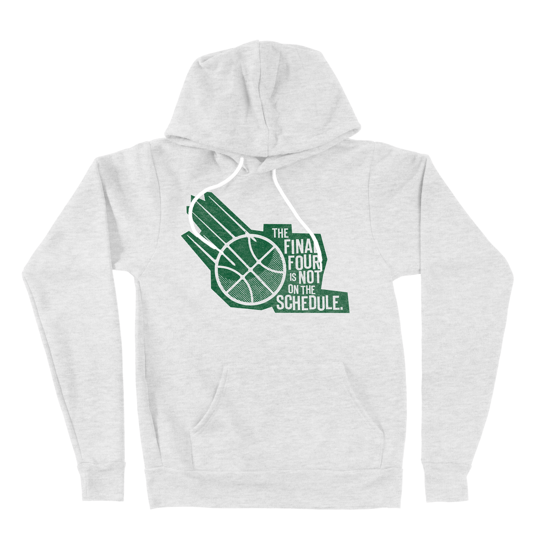 Ash white hooded sweatshirt with the TFFINOTS logo printed on the chest in forest green ink.