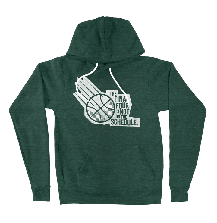 Green hoodies sweatshirt featuring a white print on the chest of the TFFINOTS (The Final Four is Not on the Schedule) logo.