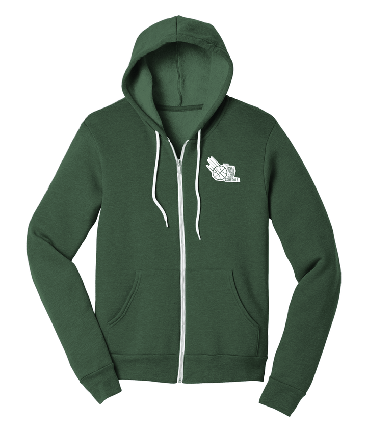 Front view of a forest green zip up hooded sweatshirt with a white TFFINOTS printed on the left chest.