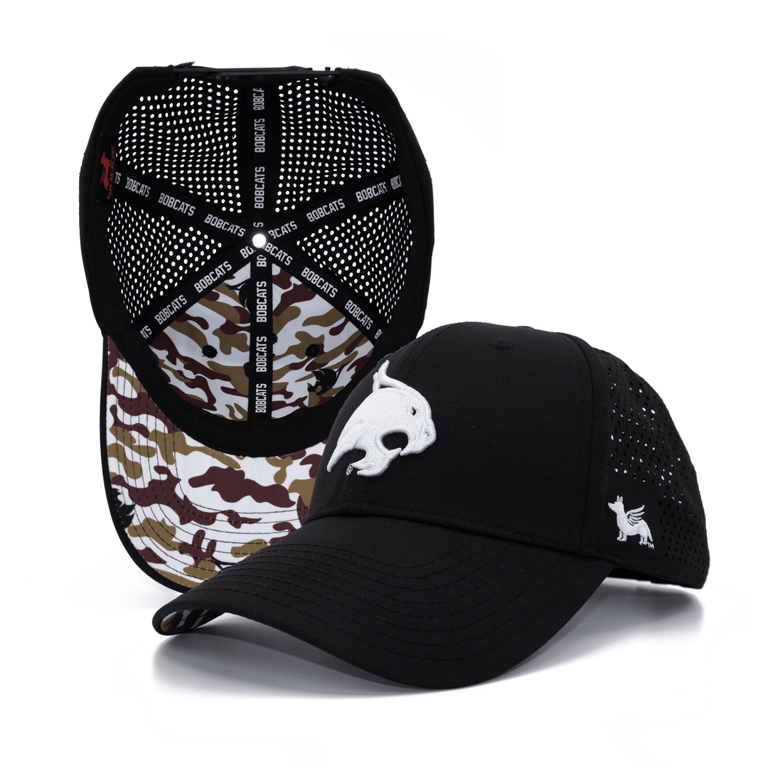 Black Texas State hat with Bobcat embroidered on the front and custom camo pattern under the bill and inside lining.
