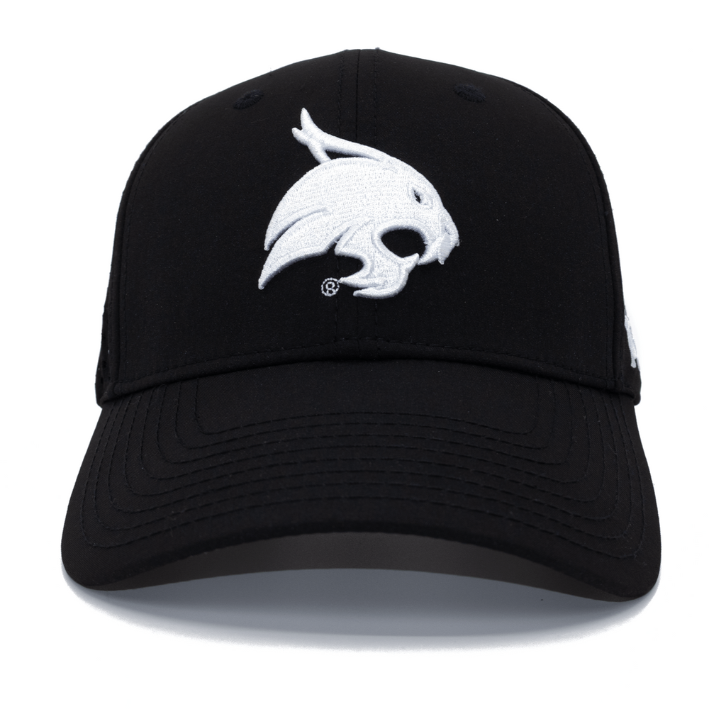 Front view of a black Texas State hat with white Bobcat embroidered on the front.