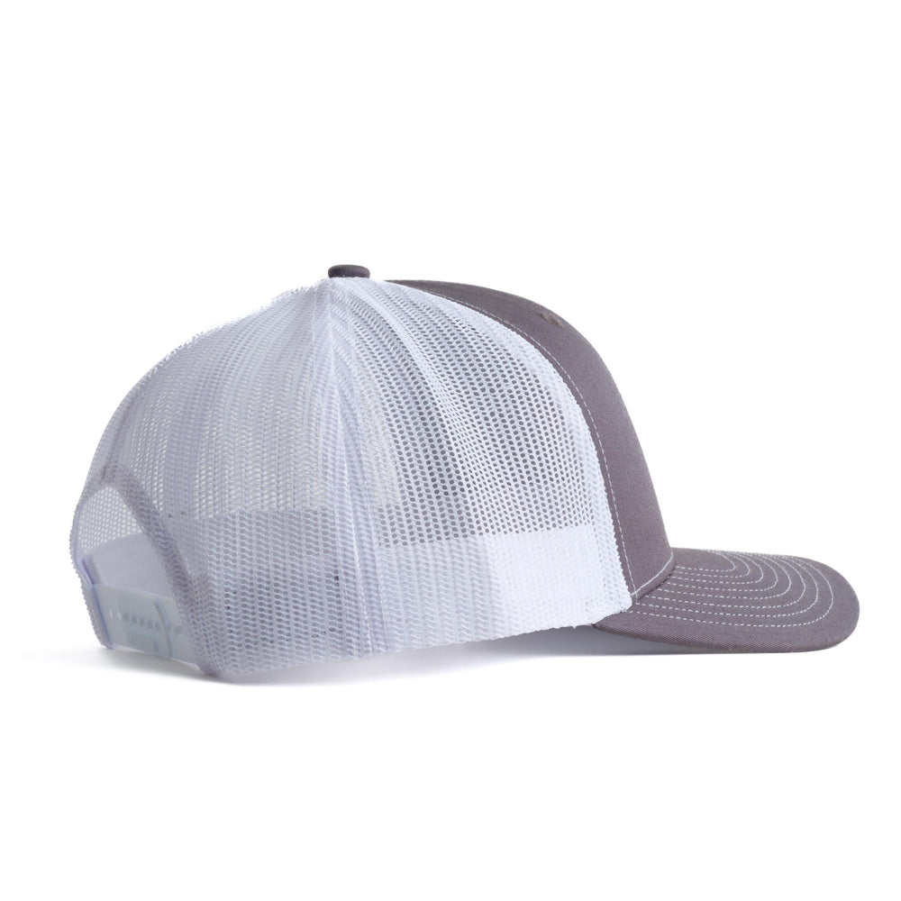 SIde view of Texas State University Charcoal and White Trucker Hat