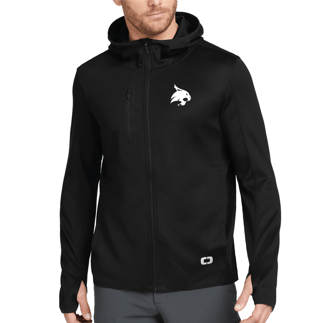 Black Texas State performance OGIO jacket with a white bobcat embroidered on the left chest.
