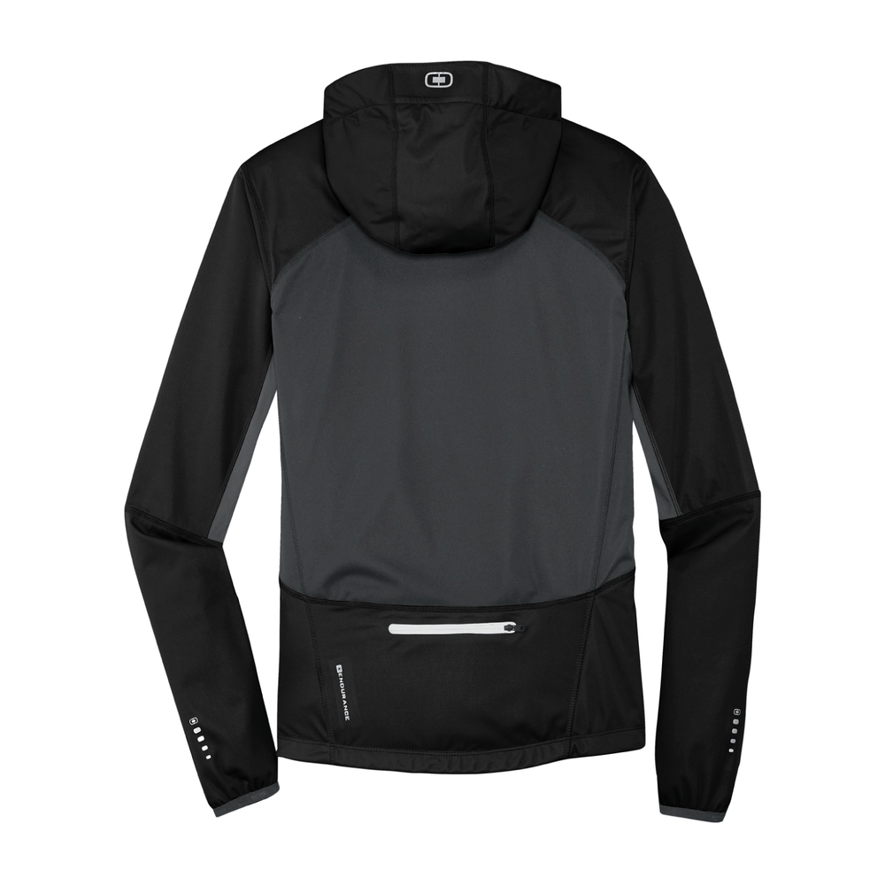 Black and grey performance jacket for Texas State University. Image shows the back of the garment along with high visibility features making this a great option for outdoor running and exercise.