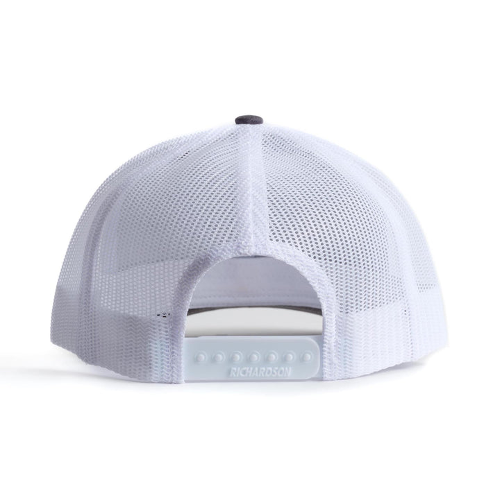 Back of Nudge Printing Grey and White Trucker Hat