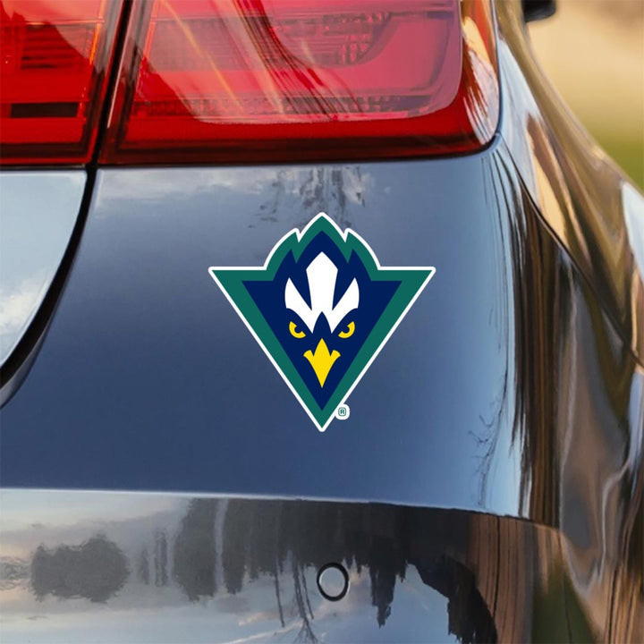 UNC Wilmington Sammy C Hawk Mascot Head Car Decal Sticker on Car Bumper. A University of North Carolina Wilmington sticker also looks great on windows, laptops, water bottles, corn hole boards, coolers, anywhere! Perfect for UNCW fanatics.