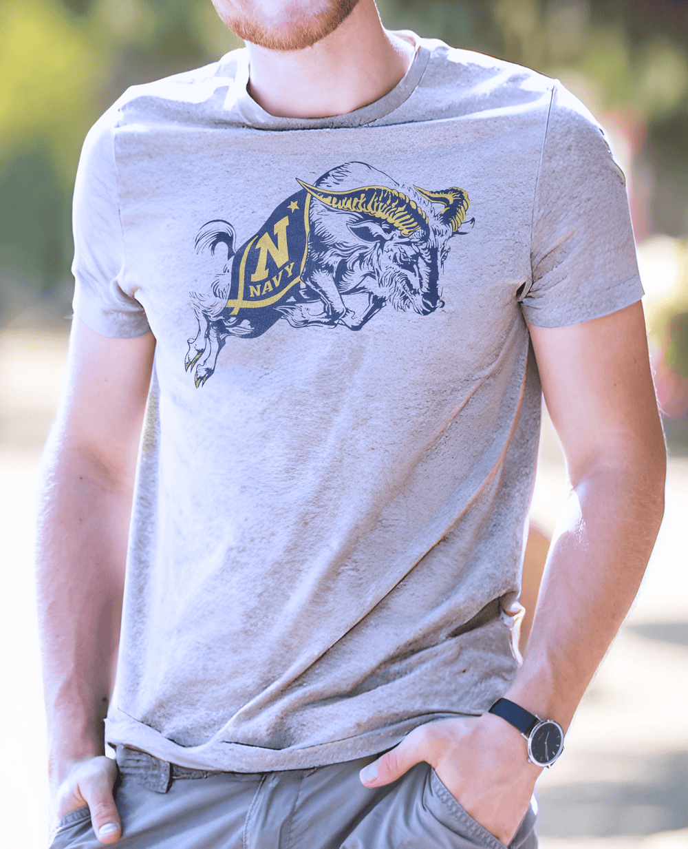 US Naval Academy Vintage Navy Bill the Goat T-shirt on Male Model