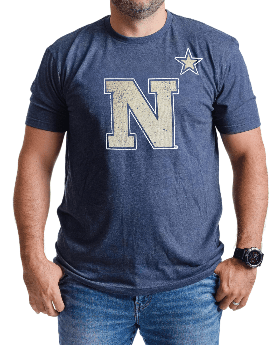 US Naval Academy Primary N* Navy Logo T-shirt on male model