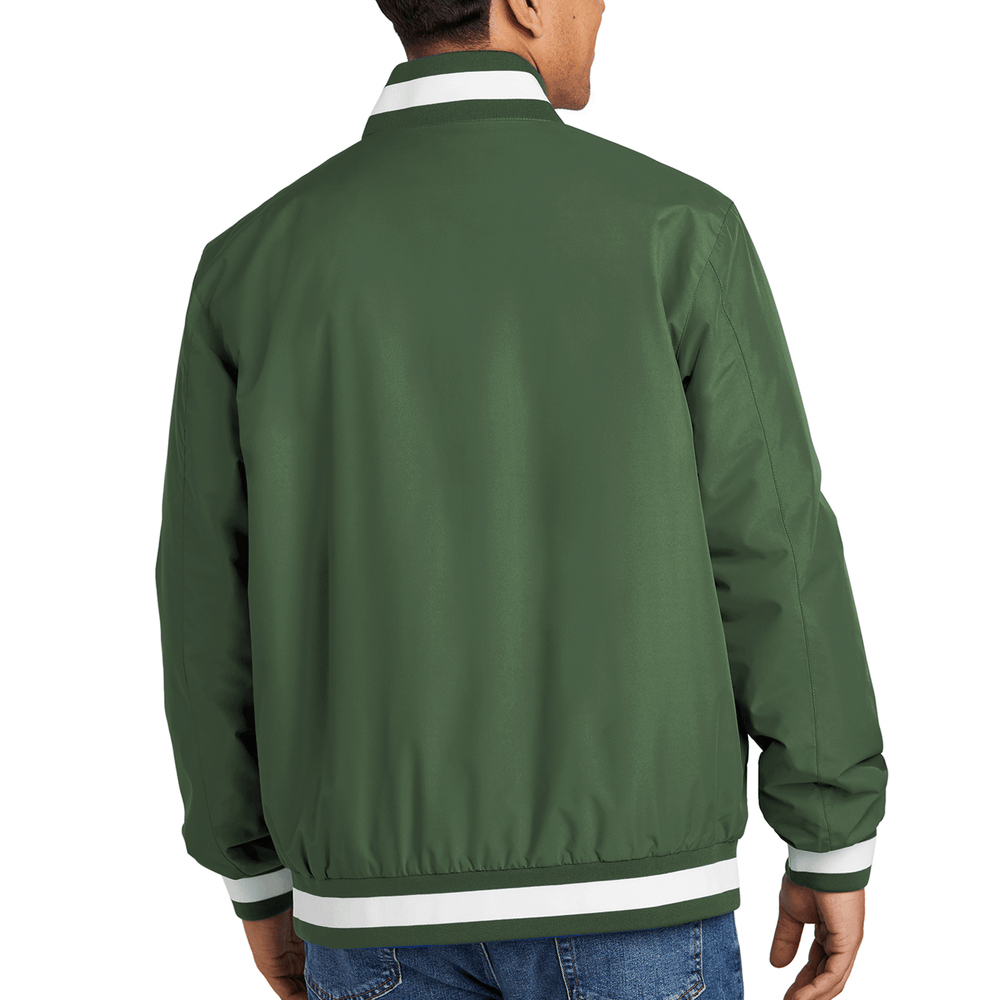 Back view of a male model wearing a green varsity jacket from Nudge Printing