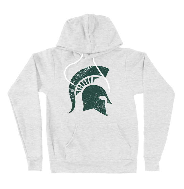 Ash white hoodie for Michigan State University showing a green Spartan Helmet printed on the chest.
