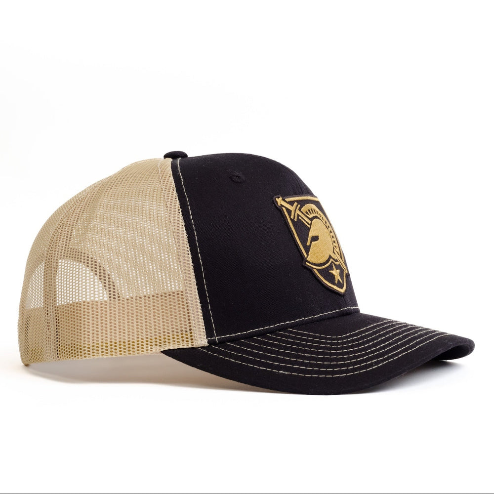 Angled view of West Point Black Knights Black and Gold Trucker Hat