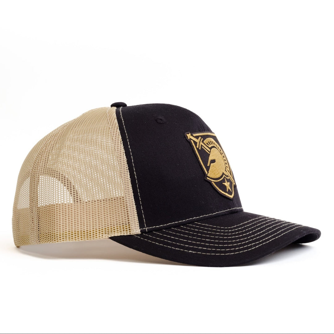 Angled view of West Point Black Knights Black and Gold Trucker Hat