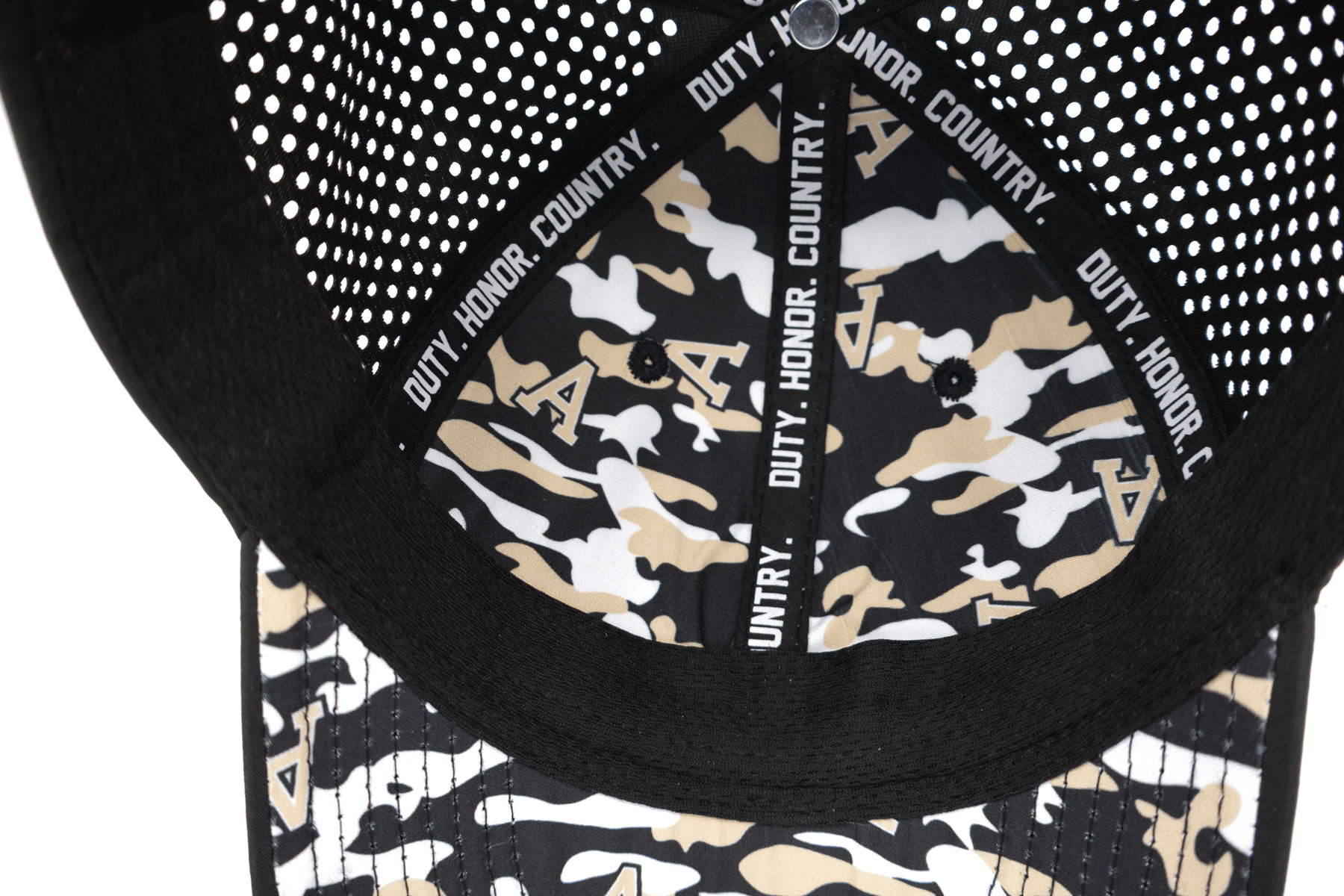 Inside view of the black West Point performance hat with custom branded camo printed lining and under the bill.