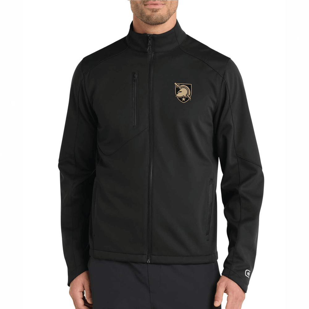 Front view of a model wearing a black West Point jacket with the Black Knights shield logo embroidered on the left chest.