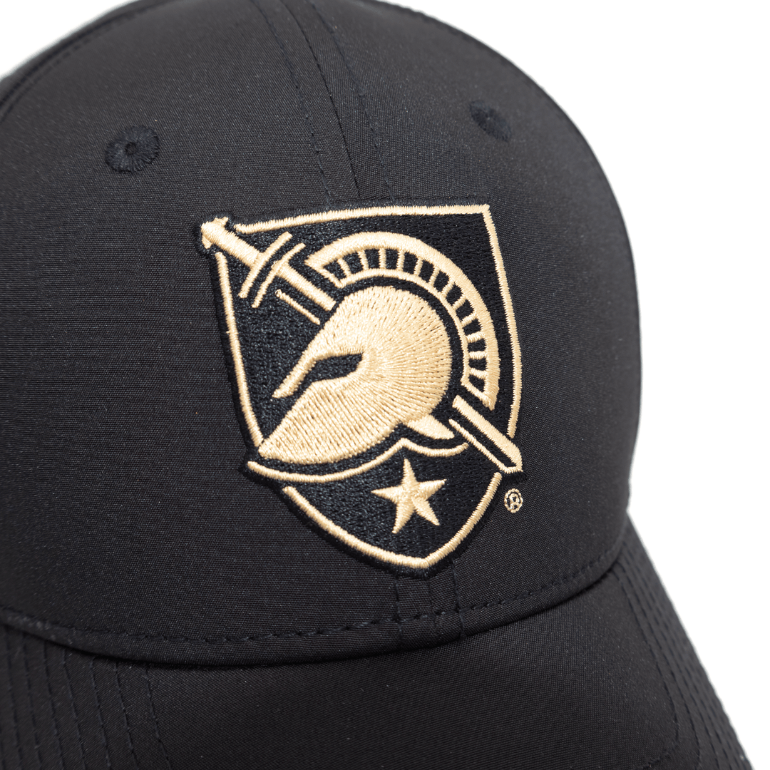 Close up of embroidered West Point shield logo on a performance black hat.