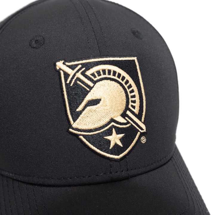 Close up of embroidered West Point shield logo on a performance black hat.