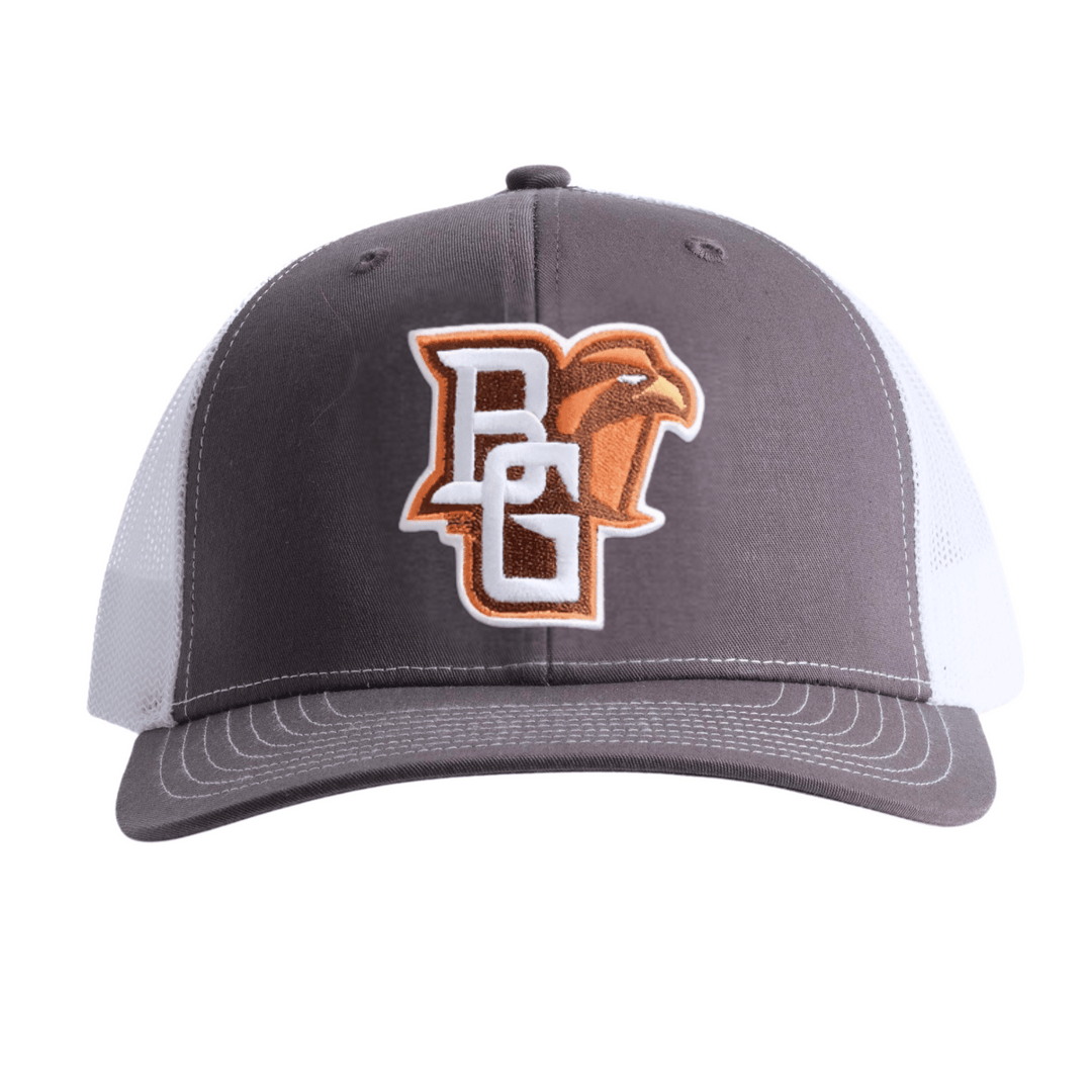 Bowling Green State University trucker hat with embroidered BG Falcon logo in orange and white on charcoal and white mesh snapback on white background