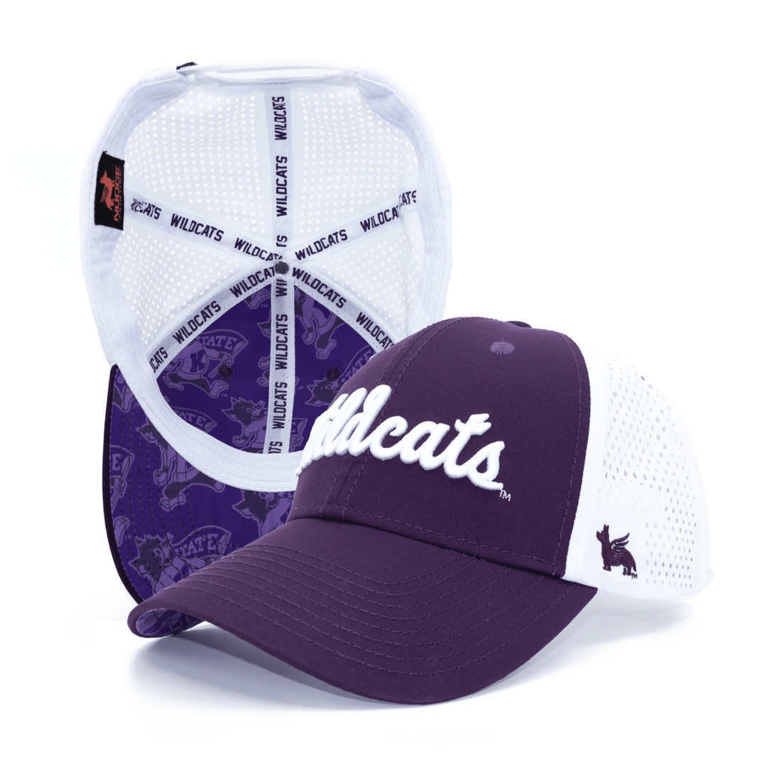 Purple Kansas State hat with 3D embroidered "Wildcats", custom Willie inside printing, and white laser cut panels.