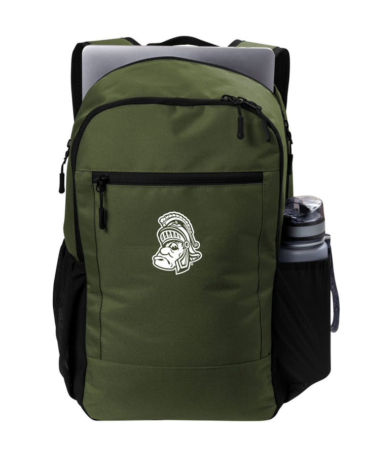 Green Michigan State backpack with a Gruff Sparty logo embroidered on the front with laptop.