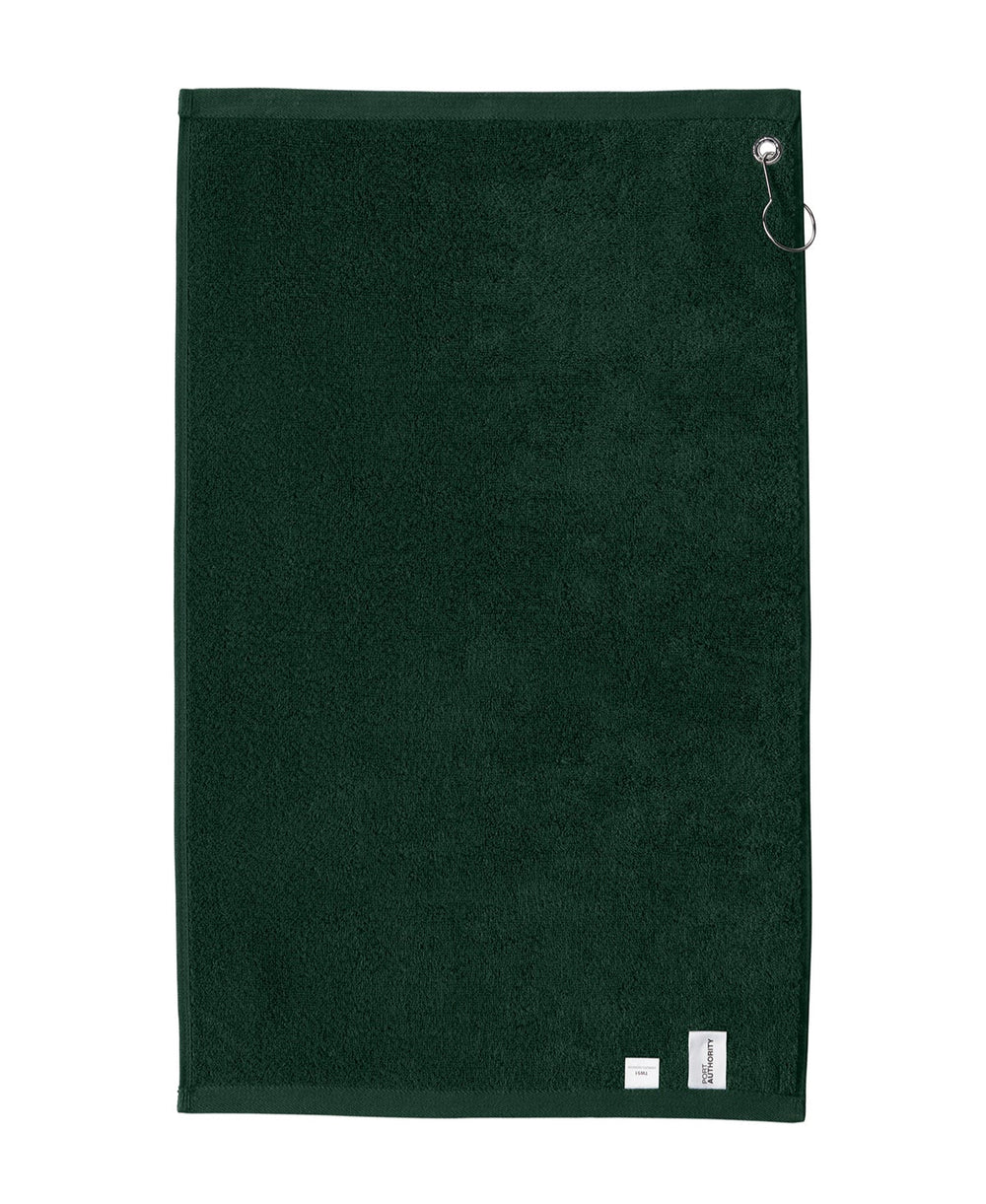 Back view of a forest green Michigan State golf towel with grommet and clasp