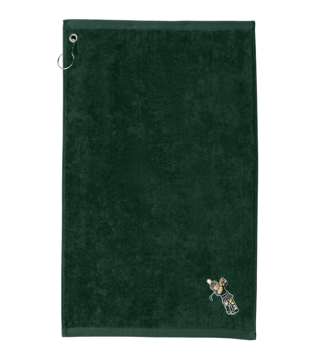 Green Michigan State golf towel with golfing Sparty logo in corner.