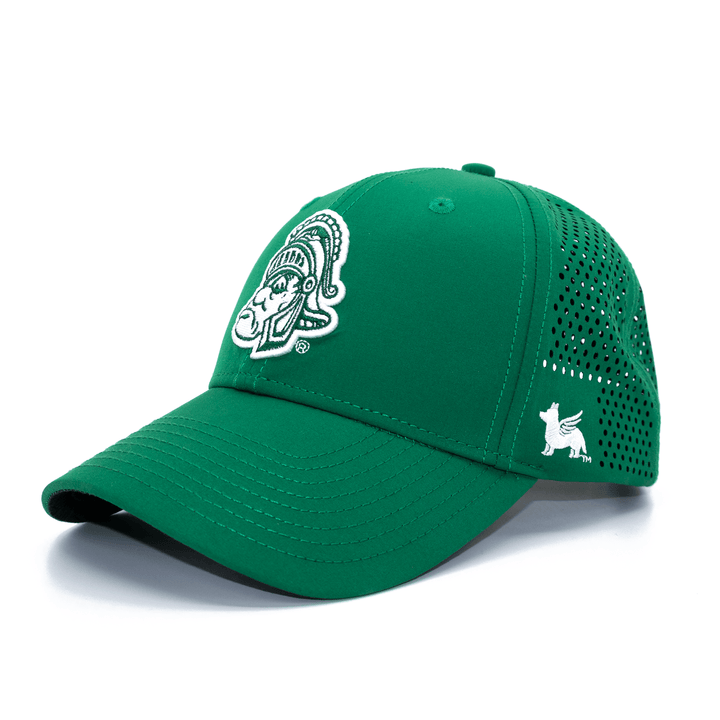 Front angled view of green Michigan State Hat with Gruff Sparty embroidery and laser cut ventilation holes in back.