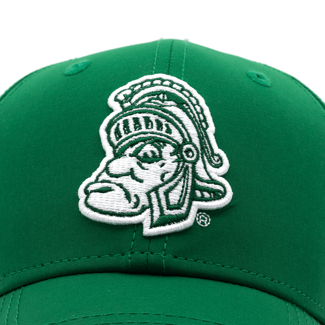 Close up view of green Michigan State hat with Gruff Sparty embroidered logo on the crown.