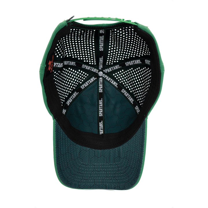Inside view of a green Michigan State hat showing custom underbill and lining pattern and "Spartans" seam tape.