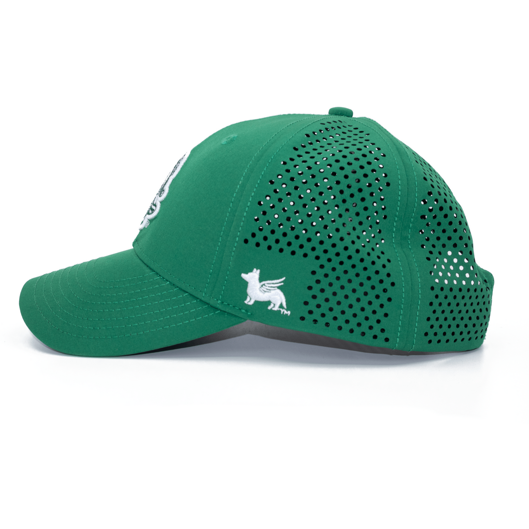 Left side view of green Michigan State hat with Gruff Sparty logo, Nudge Printing embroidery, and laser-cut ventilation holes.