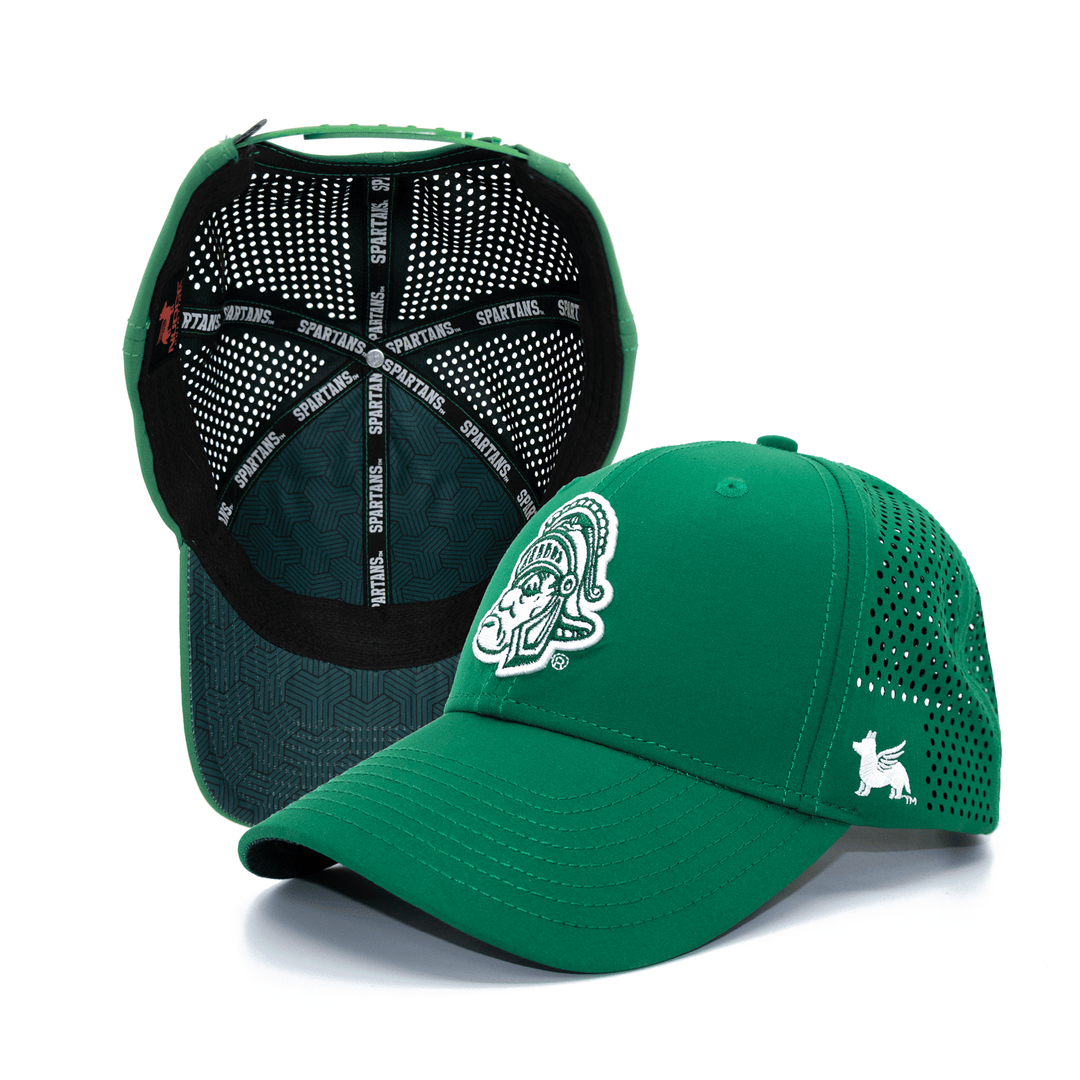 Front and inside view of green Michigan State hat with Gruff Sparty logo and custom underbill and inside lining.