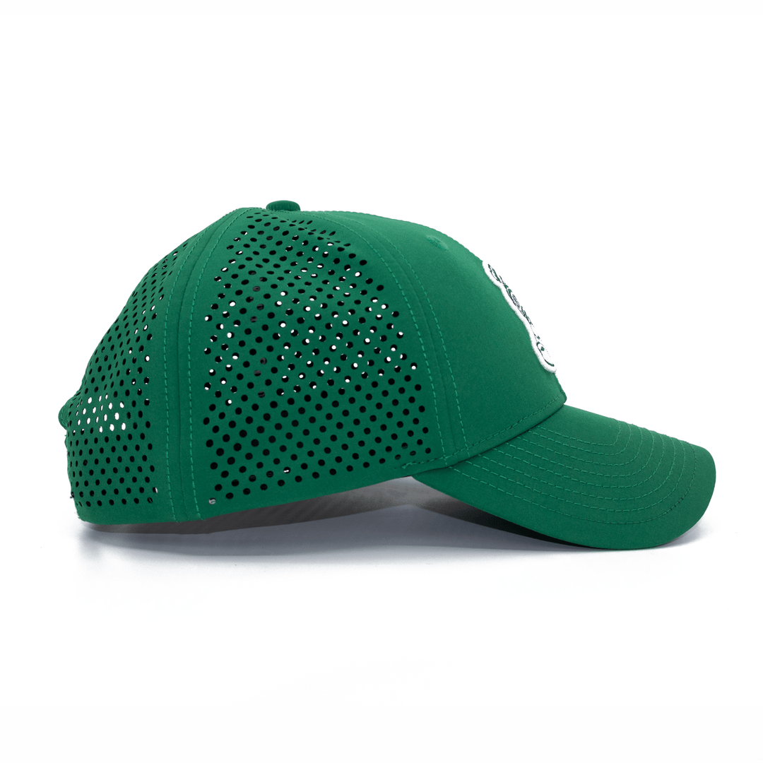 Right side view of green Michigan State hat with Gruff Sparty embroidery and laser cut ventilation holes.