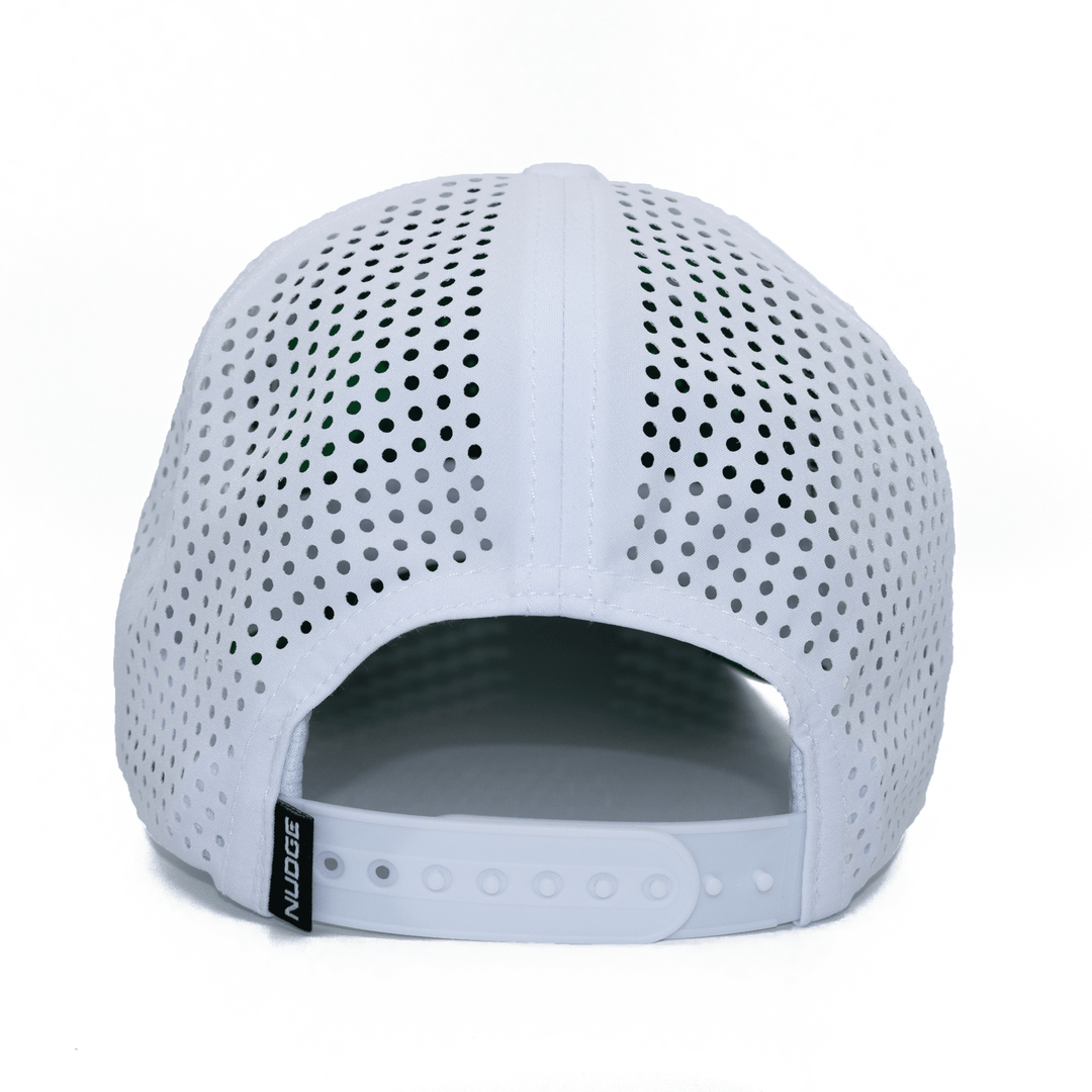 Back view of a white Michigan State hat with a white snapback adjustable closure.