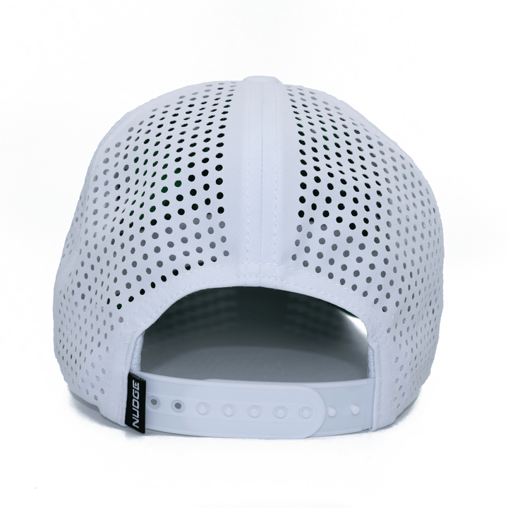 Back view of a white Michigan State hat with a white snapback adjustable closure.